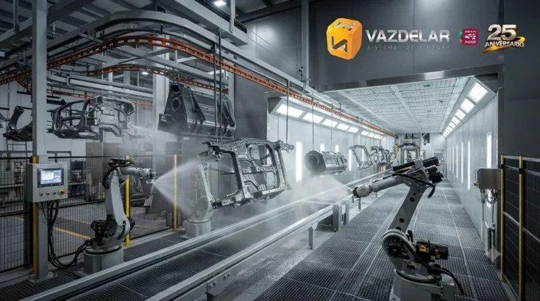 Línea automatizada de pintura industrial operando con piezas en movimiento para mejorar la productividad del proceso.