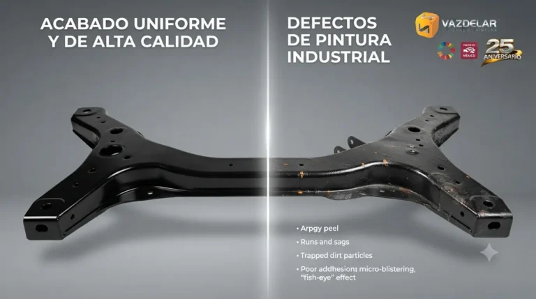Comparación entre una pieza con acabado uniforme y otra con defectos de pintura industrial como escurrimientos y piel de naranja.