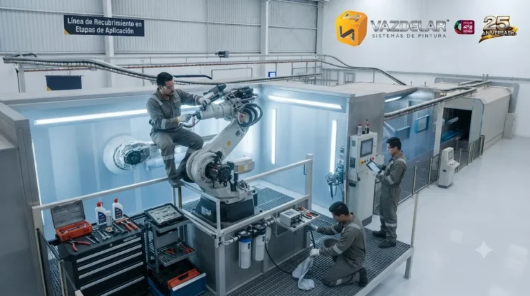 Técnicos realizando mantenimiento preventivo en una línea de pintura industrial para mejorar la disponibilidad y eficiencia.