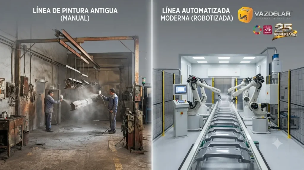 Comparación entre una línea de pintura industrial antigua y una línea automatizada moderna con mayor eficiencia y productividad.