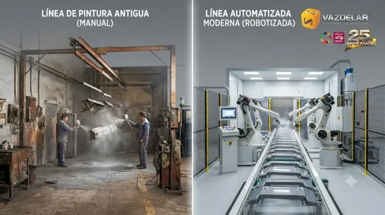 Comparación entre una línea de pintura industrial antigua y una línea automatizada moderna con mayor eficiencia y productividad.