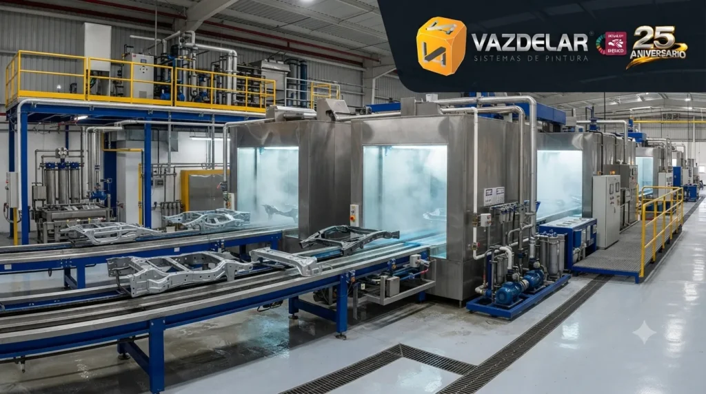 Línea de pretratamiento industrial con sistema de lavado de piezas previo a la aplicación del recubrimiento.