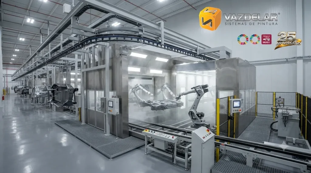 Línea automatizada de pintura industrial operando en una planta de manufactura para mejorar productividad y rentabilidad.