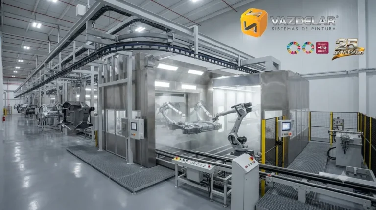 Línea automatizada de pintura industrial operando en una planta de manufactura para mejorar productividad y rentabilidad.
