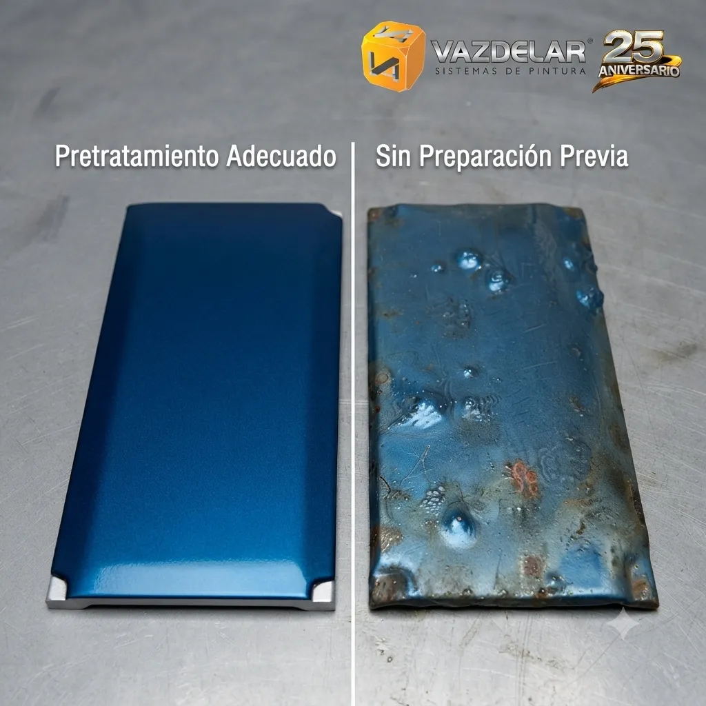 Comparativa entre una pieza con pretratamiento adecuado y otra sin preparación previa para pintura industrial.
