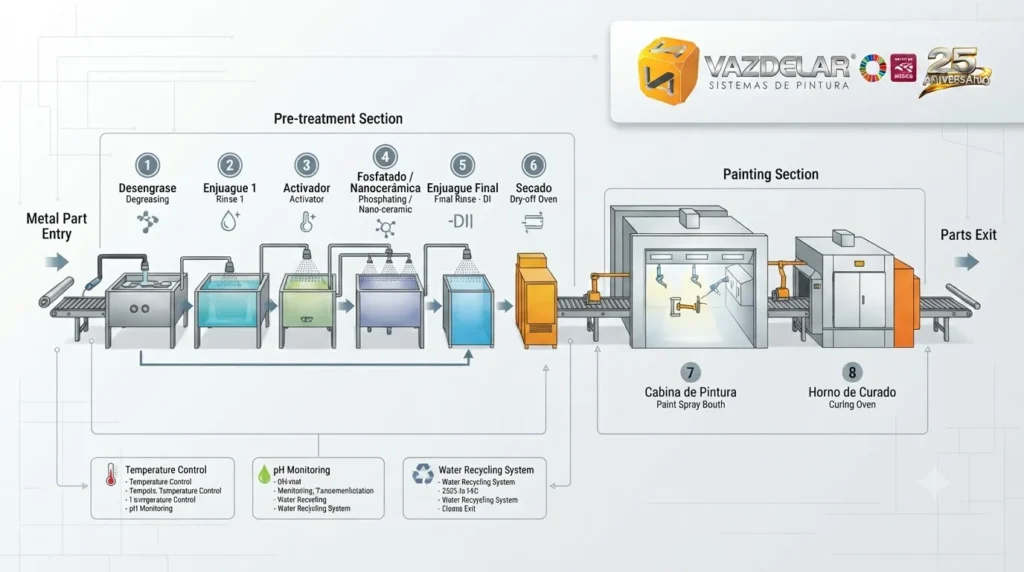 Diagrama de una línea de pretratamiento integrada a una línea de pintura industrial con etapas de lavado, enjuague y secado.