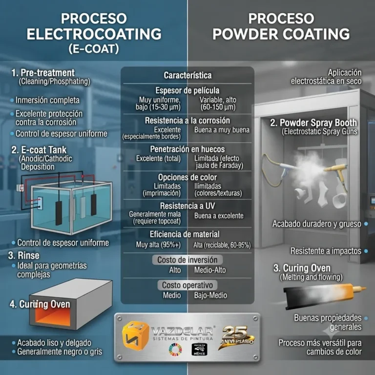 Comparativa entre los procesos de Electrocoating y Powder Coating en una planta industrial.