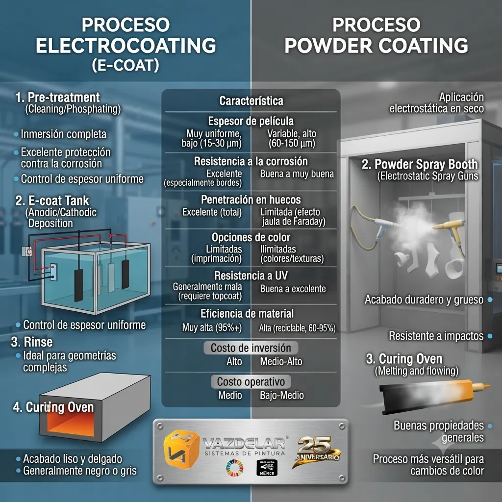 Comparativa entre los procesos de Electrocoating y Powder Coating en una planta industrial.
