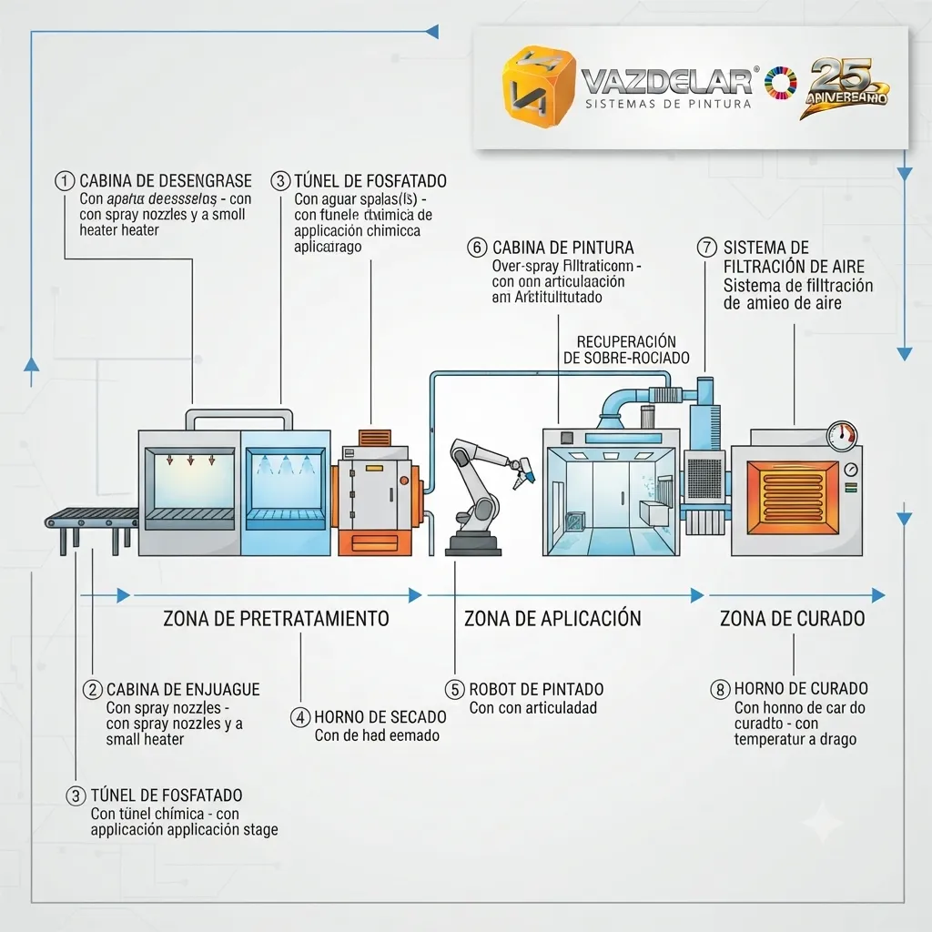 Diagrama de una línea de pintura industrial mostrando transportadores, horno de curado, pretratamiento y manejadora de aire.
