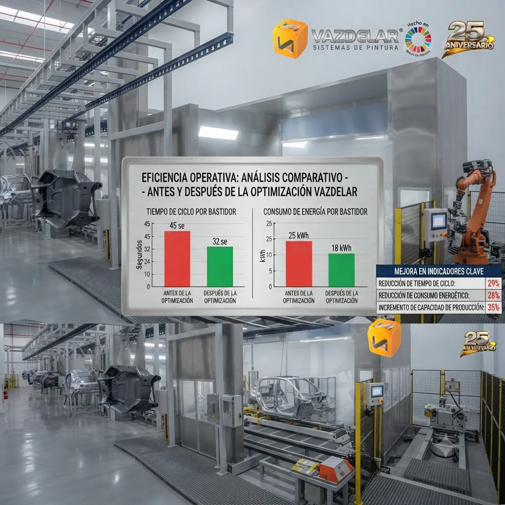 Gráfica comparando indicadores de productividad, consumo energético y costo por pieza antes y después de optimizar una línea de pintura industrial.