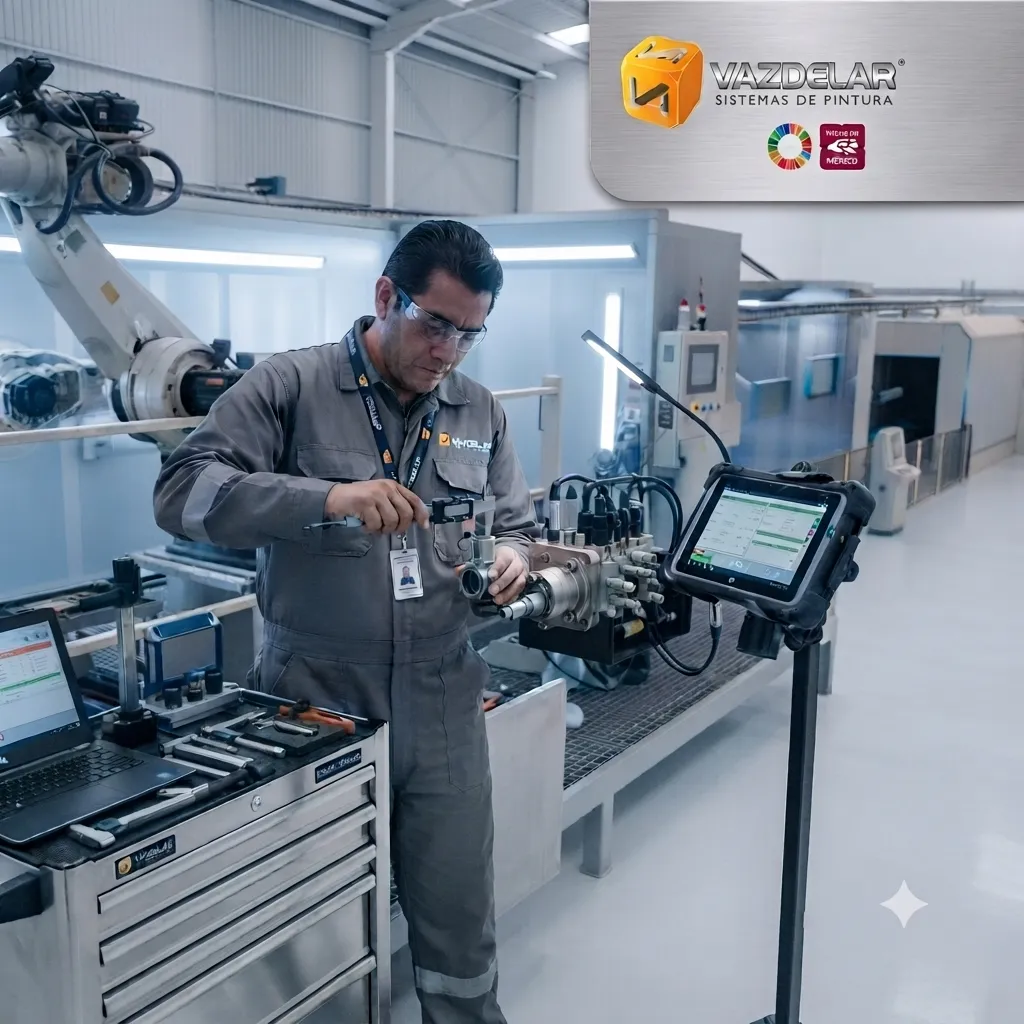 Ingeniero inspeccionando equipos de una línea de pintura industrial durante un programa de mantenimiento preventivo.