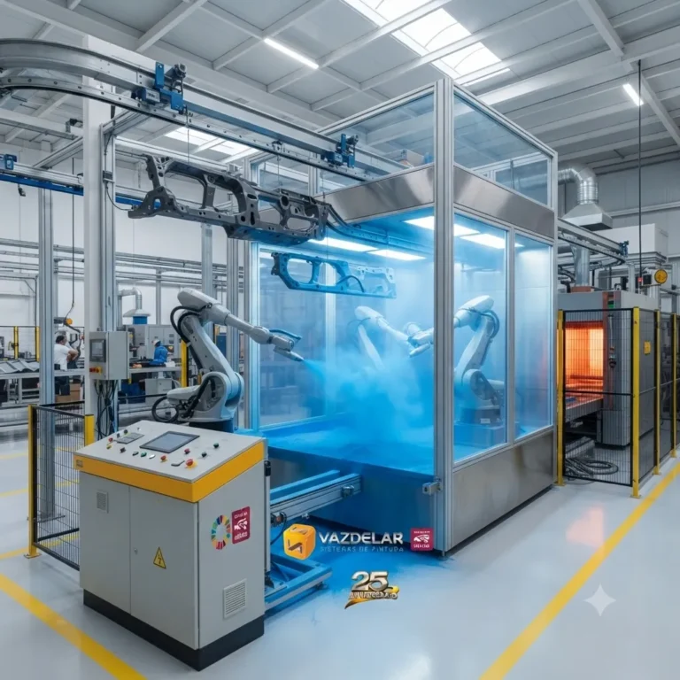 Línea de pintura industrial automatizada operando durante el proceso de recubrimiento.