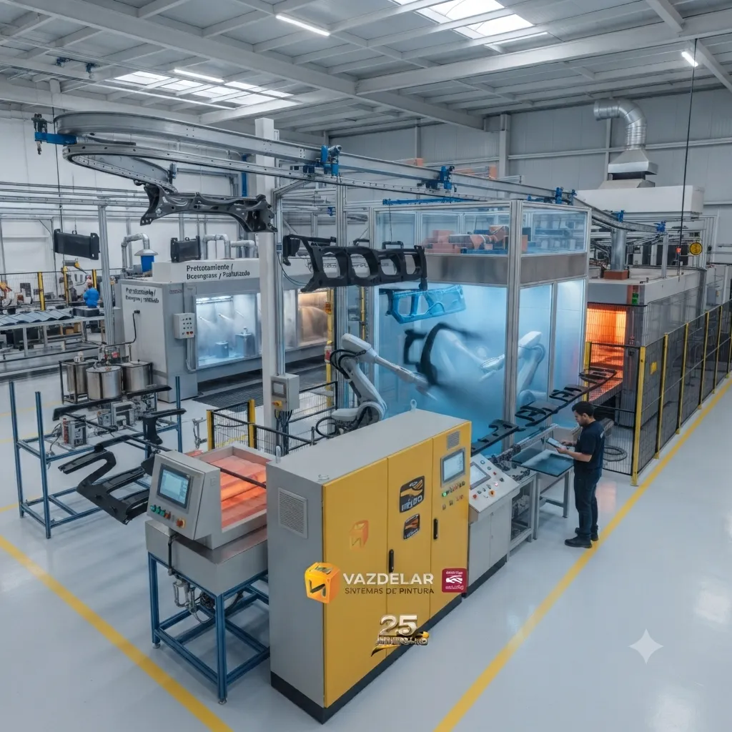 Línea de pintura industrial operando con procesos automatizados y control de calidad.