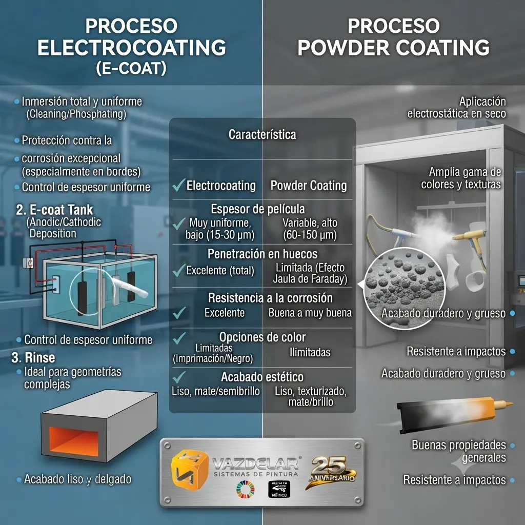 Comparación de piezas industriales recubiertas mediante Electrocoating y Powder Coating.