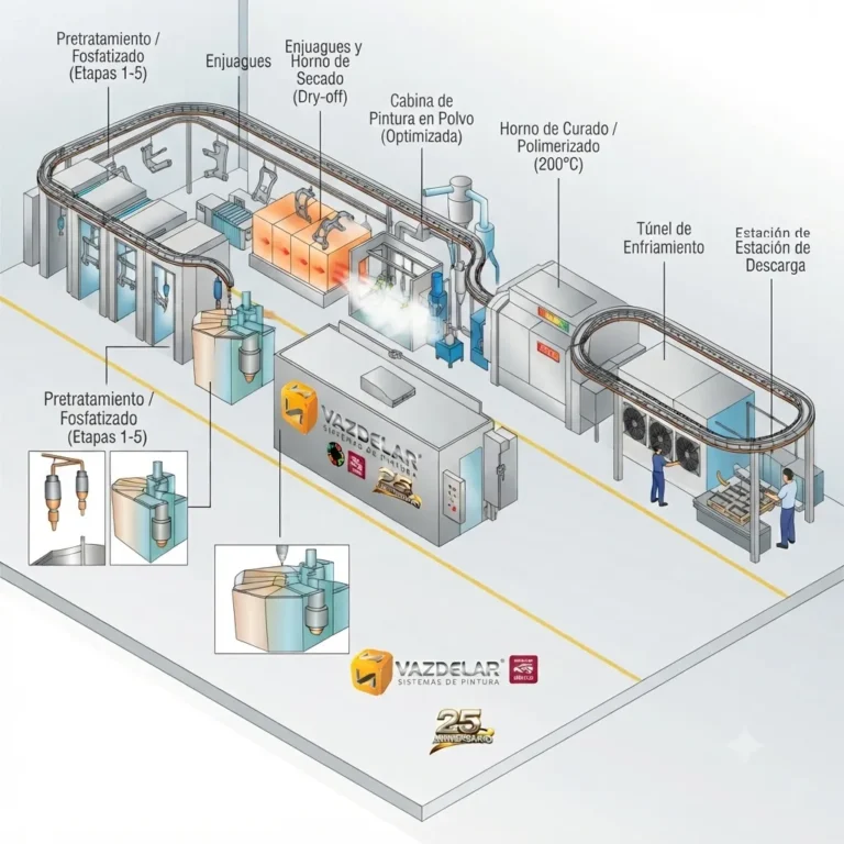 Aplicación de powder coating industrial sobre piezas metálicas mediante pintura en polvo.