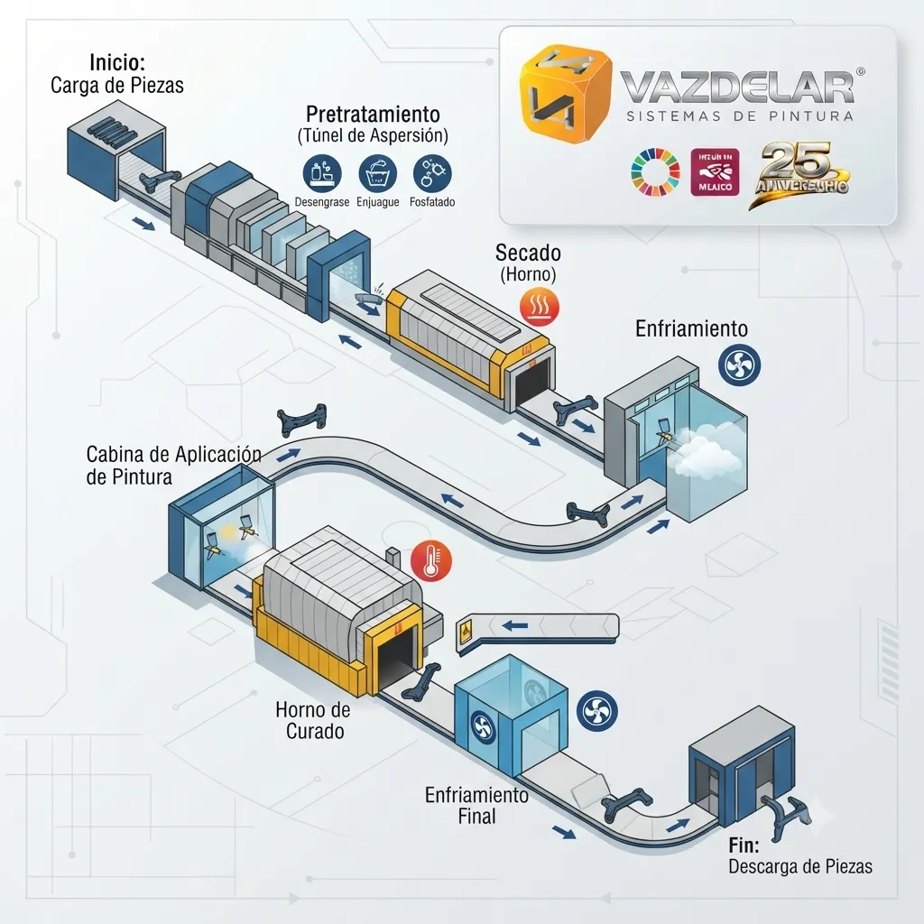 Infografía mostrando el recorrido de una pieza dentro de una línea de pintura industrial desde el pretratamiento hasta el curado.