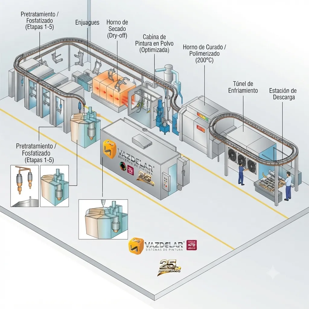 Sistema de pintura industrial diseñado para manufactura o línea automatizada de recubrimiento.